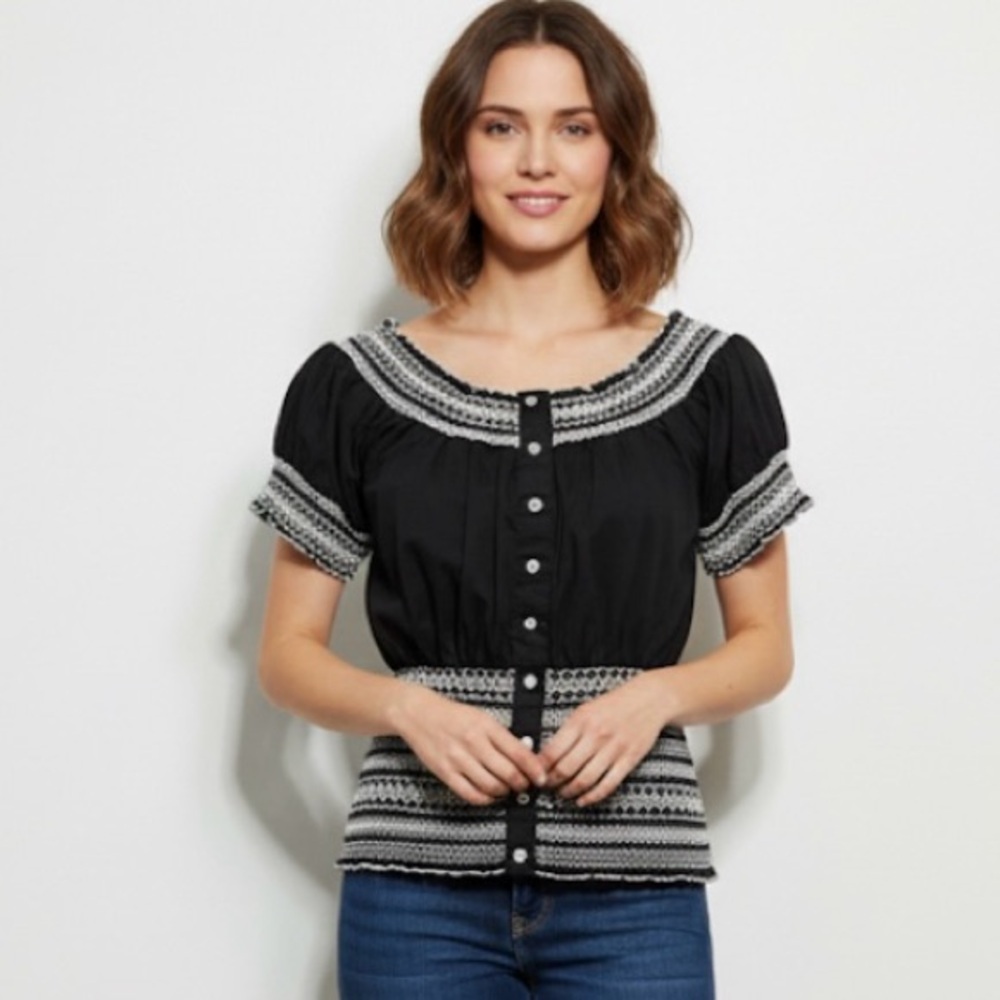 Y2K Smocked Cottagecore Peasant Milkmaid Gemstone Blouse
